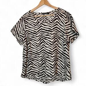 Tahari Womens Linen Lightweight Zebra Animal Print Shirt Top Sz 1X Safari
